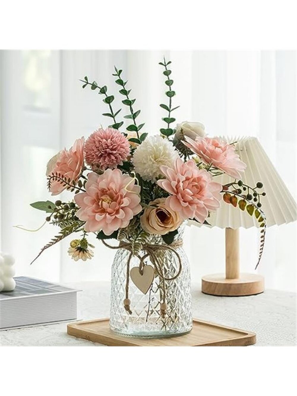 Artificial Flowers With Vase Pink Silk Roses Hydrangea Dahlia Table Centerpiece